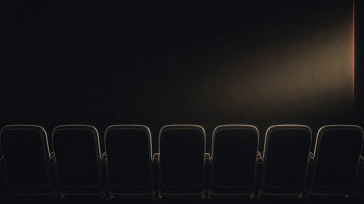 暗がりの映画館、後方から見た空席の座席列とスクリーンの光